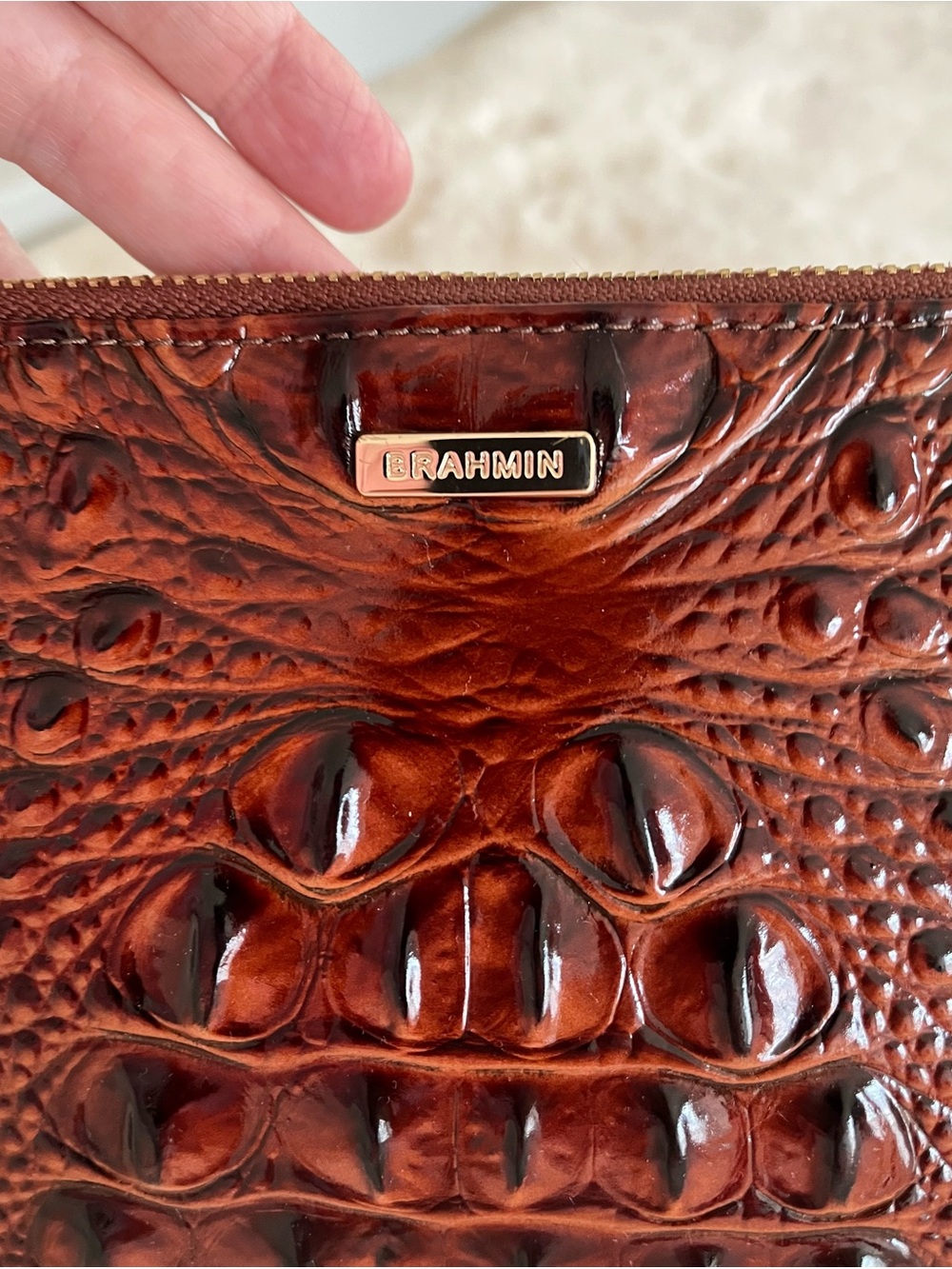 Brahmin Daisy Croc-Embossed Brown Wristlet with Gold Hardware